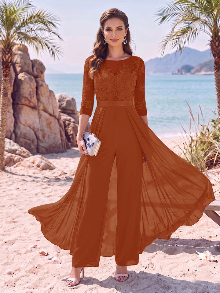 Jumpsuit Scoop Half Sleeves Floor-Length Mother of the Bride Dresses with Applique