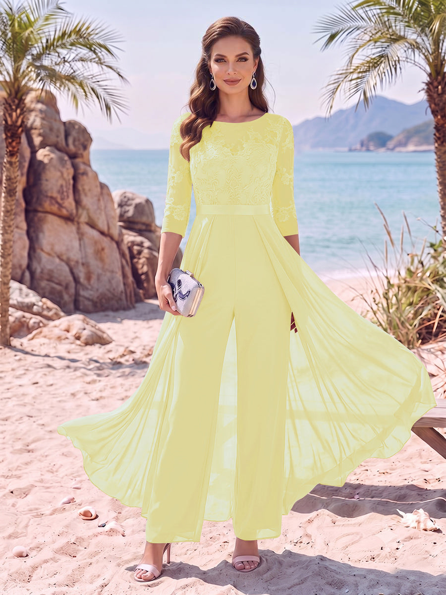 Jumpsuit Scoop Half Sleeves Floor-Length Mother of the Bride Dresses with Applique