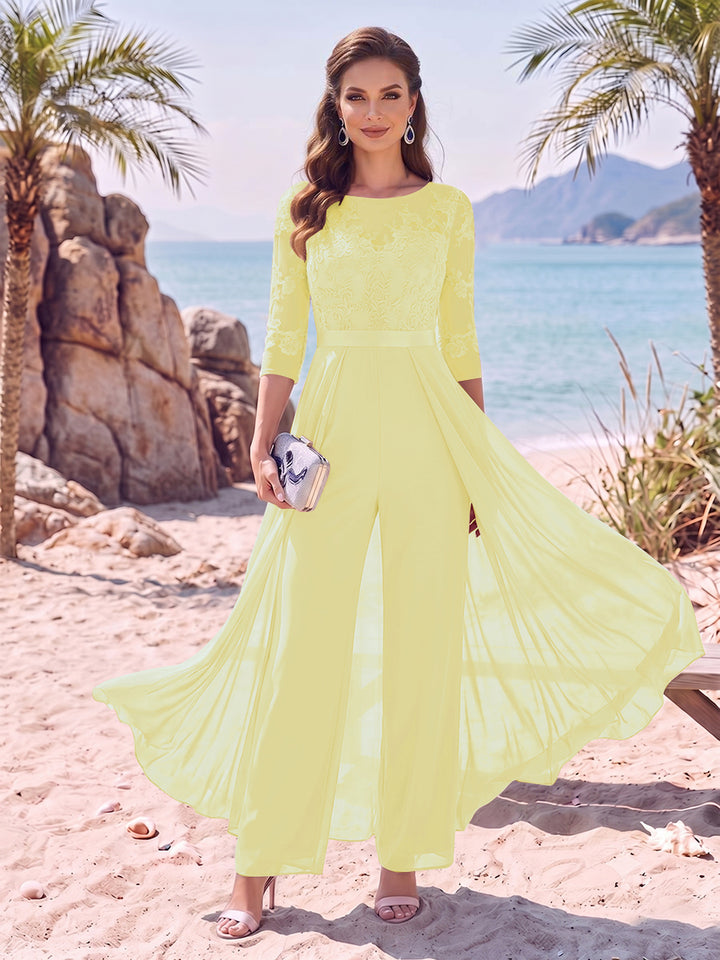 Jumpsuit Scoop Half Sleeves Floor-Length Mother of the Bride Dresses with Applique