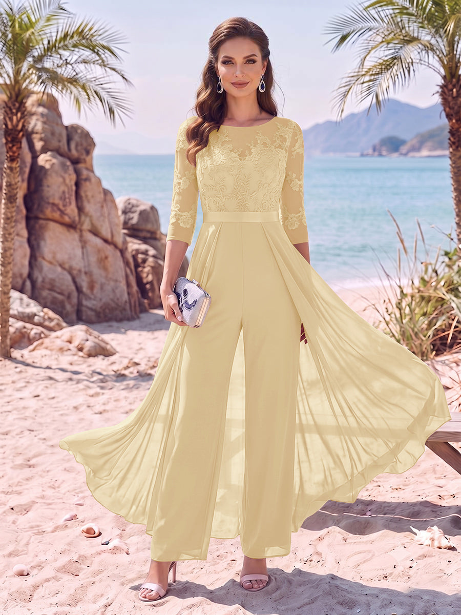 Jumpsuit Scoop Half Sleeves Floor-Length Mother of the Bride Dresses with Applique