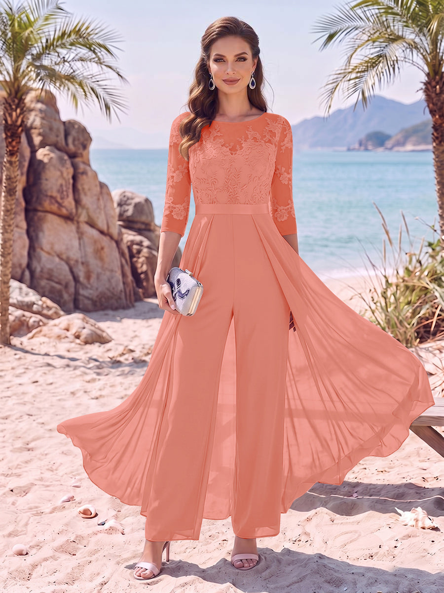Jumpsuit Scoop Half Sleeves Floor-Length Mother of the Bride Dresses with Applique