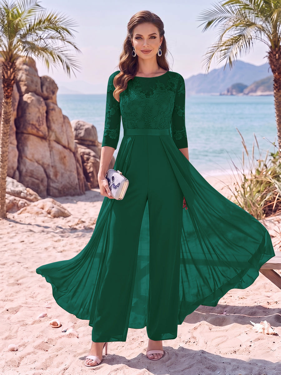 Jumpsuit Scoop Half Sleeves Floor-Length Mother of the Bride Dresses with Applique