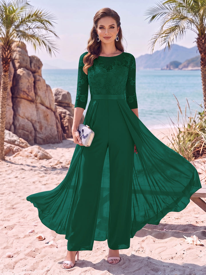 Jumpsuit Scoop Half Sleeves Floor-Length Mother of the Bride Dresses with Applique