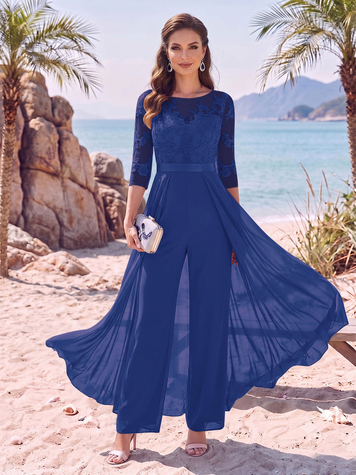 Jumpsuit Scoop Half Sleeves Floor-Length Mother of the Bride Dresses with Applique