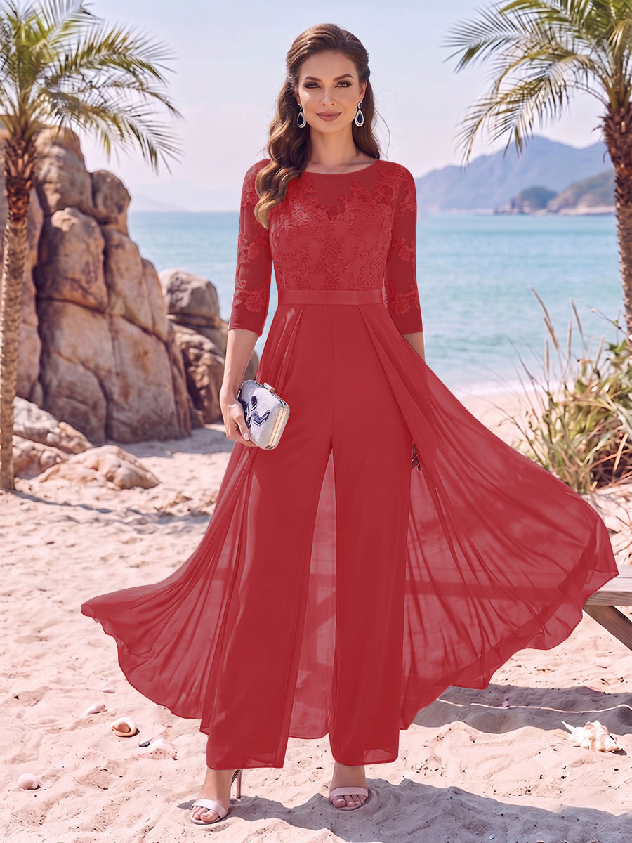 Jumpsuit Scoop Half Sleeves Floor-Length Mother of the Bride Dresses with Applique