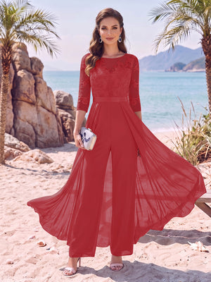 Jumpsuit Scoop Half Sleeves Floor-Length Mother of the Bride Dresses with Applique