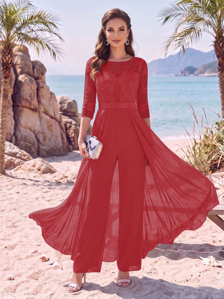 Jumpsuit Scoop Half Sleeves Floor-Length Mother of the Bride Dresses with Applique