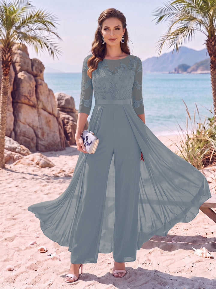 Jumpsuit Scoop Half Sleeves Floor-Length Mother of the Bride Dresses with Applique