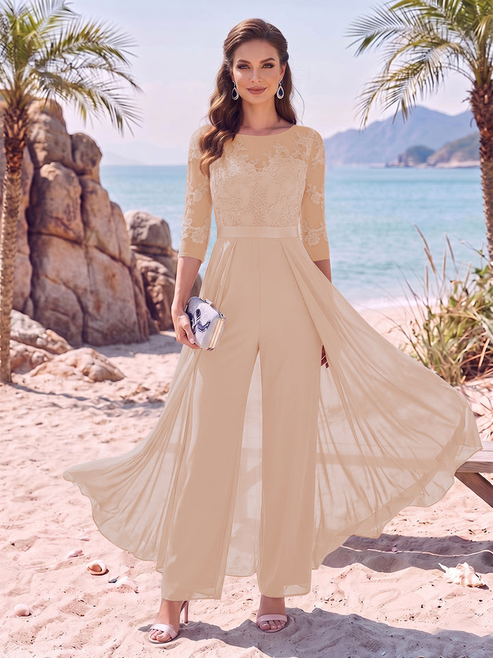 Jumpsuit Scoop Half Sleeves Floor-Length Mother of the Bride Dresses with Applique