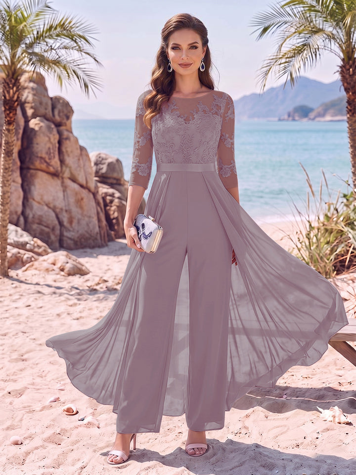 Jumpsuit Scoop Half Sleeves Floor-Length Mother of the Bride Dresses with Applique