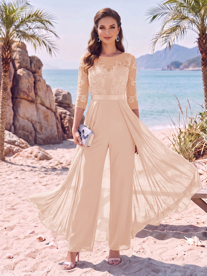 Jumpsuit Scoop Half Sleeves Floor-Length Mother of the Bride Dresses with Applique