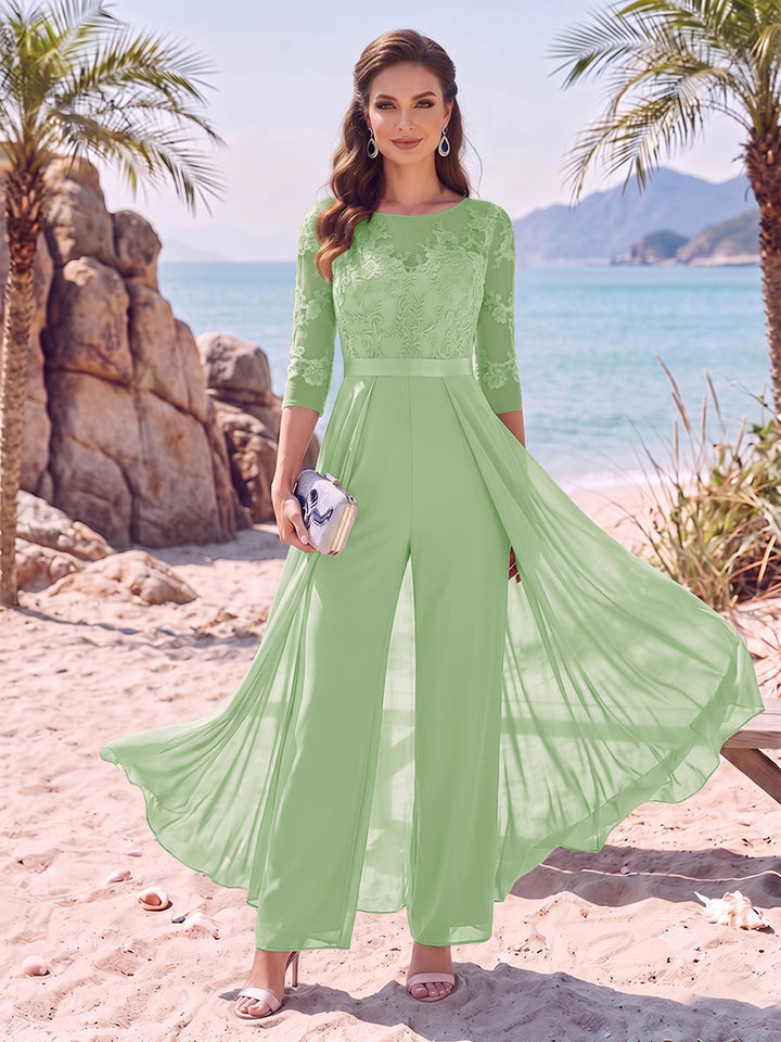 Jumpsuit Scoop Half Sleeves Floor-Length Mother of the Bride Dresses with Applique