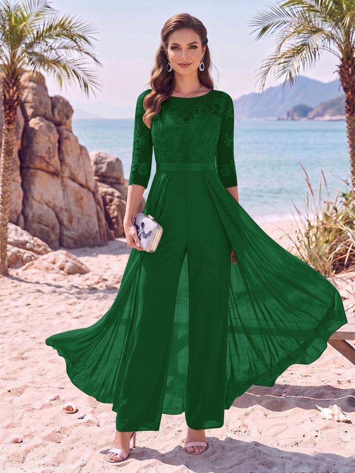 Jumpsuit Scoop Half Sleeves Floor-Length Mother of the Bride Dresses with Applique