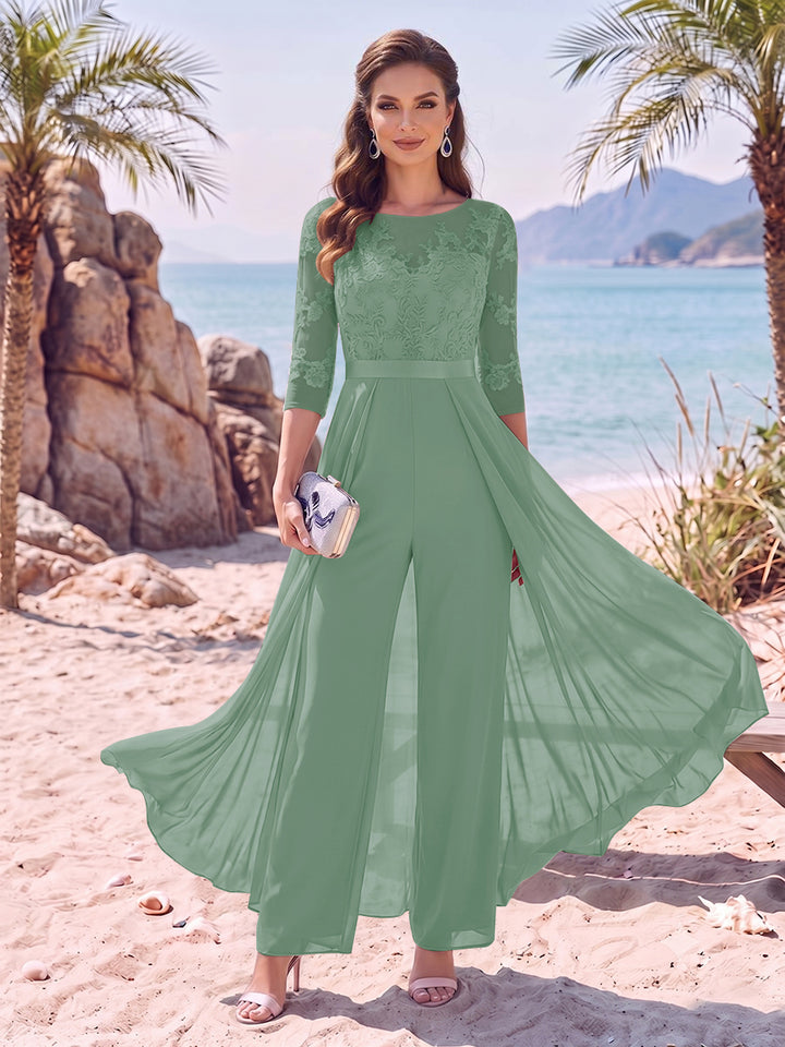 Jumpsuit Scoop Half Sleeves Floor-Length Mother of the Bride Dresses with Applique