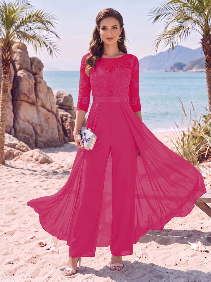 Jumpsuit Scoop Half Sleeves Floor-Length Mother of the Bride Dresses with Applique