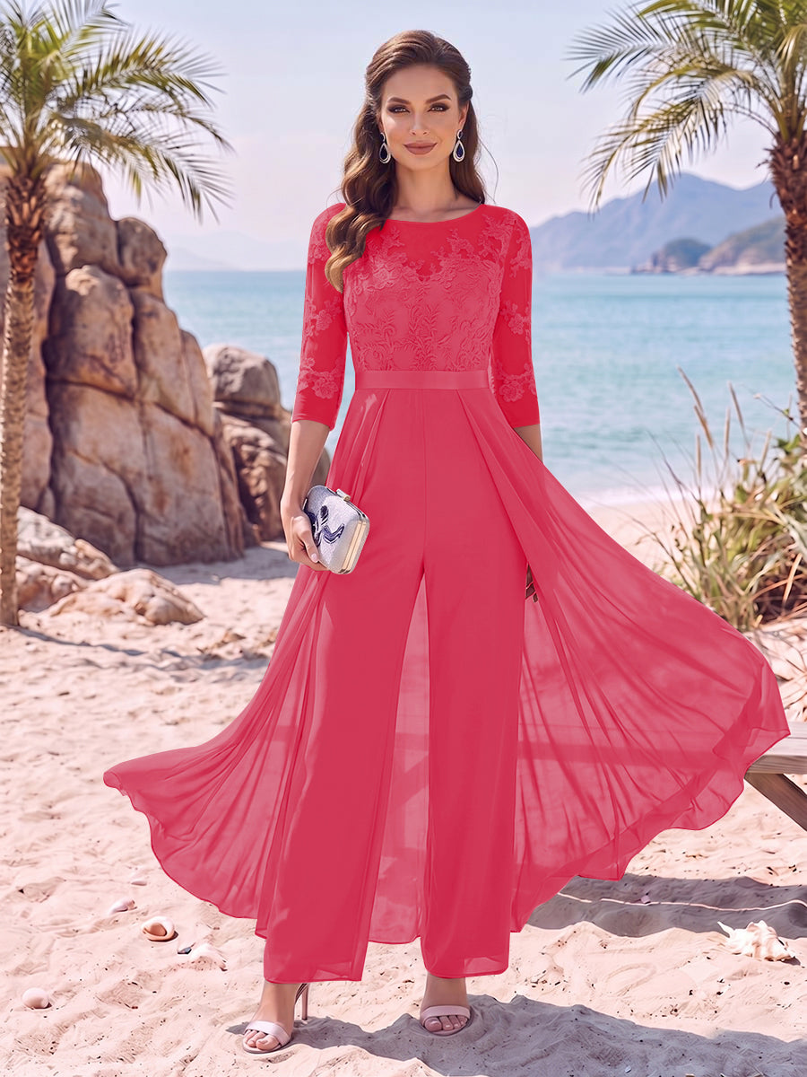 Jumpsuit Scoop Half Sleeves Floor-Length Mother of the Bride Dresses with Applique