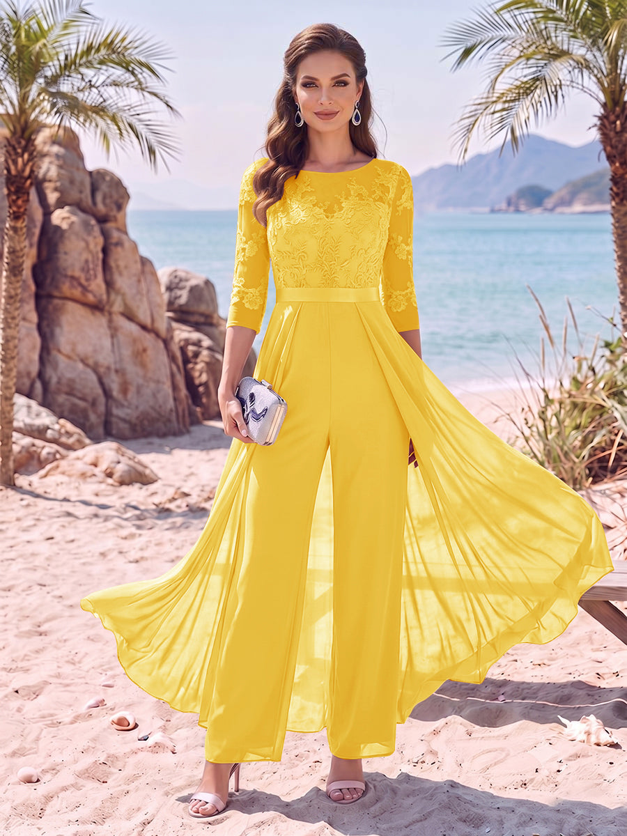 Jumpsuit Scoop Half Sleeves Floor-Length Mother of the Bride Dresses with Applique