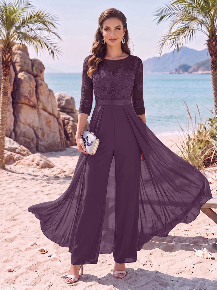 Jumpsuit Scoop Half Sleeves Floor-Length Mother of the Bride Dresses with Applique