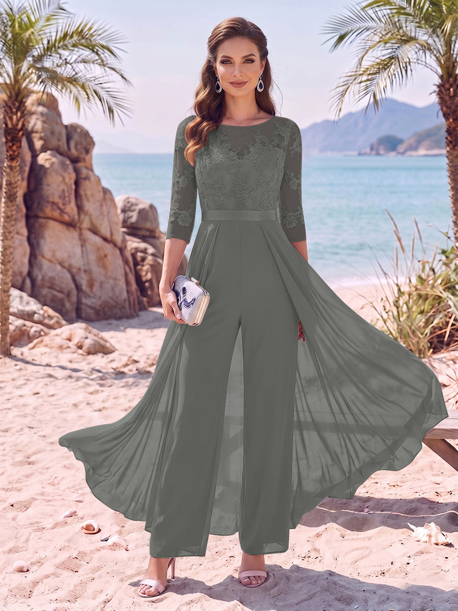 Jumpsuit Scoop Half Sleeves Floor-Length Mother of the Bride Dresses with Applique