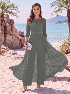 Jumpsuit Scoop Half Sleeves Floor-Length Mother of the Bride Dresses with Applique