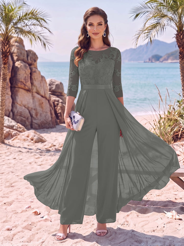 Jumpsuit Scoop Half Sleeves Floor-Length Mother of the Bride Dresses with Applique