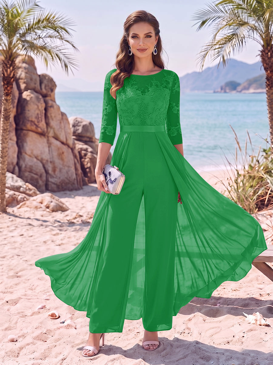 Jumpsuit Scoop Half Sleeves Floor-Length Mother of the Bride Dresses with Applique