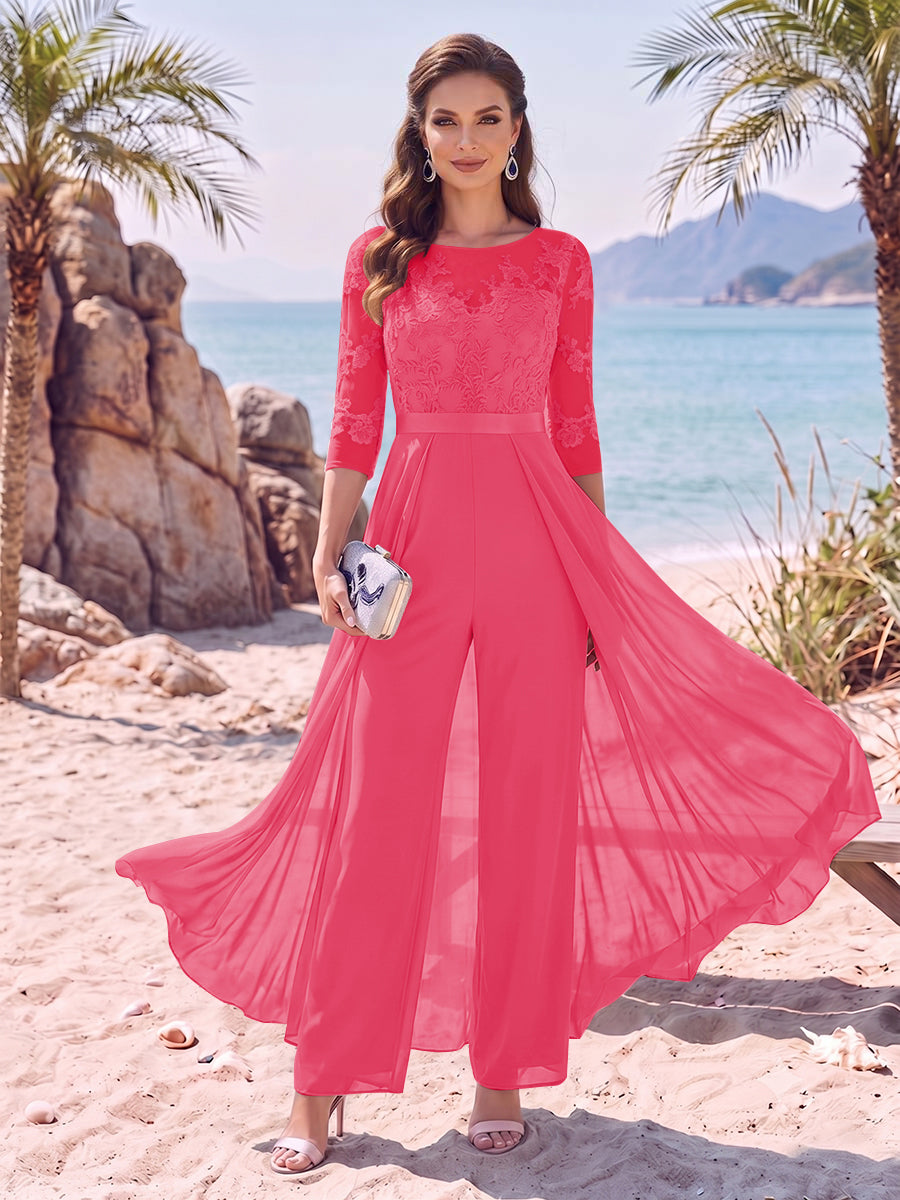 Jumpsuit Scoop Half Sleeves Floor-Length Mother of the Bride Dresses with Applique