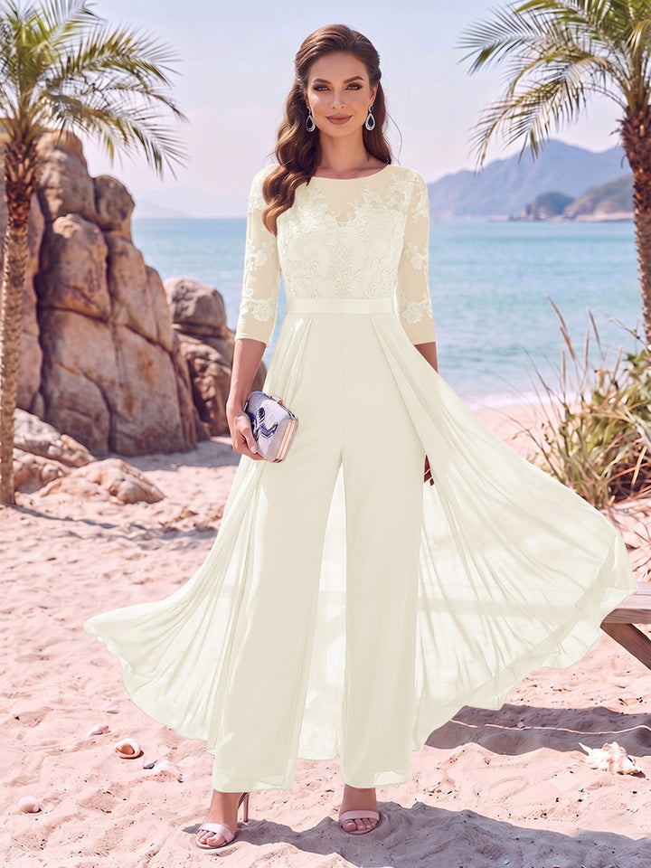 Jumpsuit Scoop Half Sleeves Floor-Length Mother of the Bride Dresses with Applique