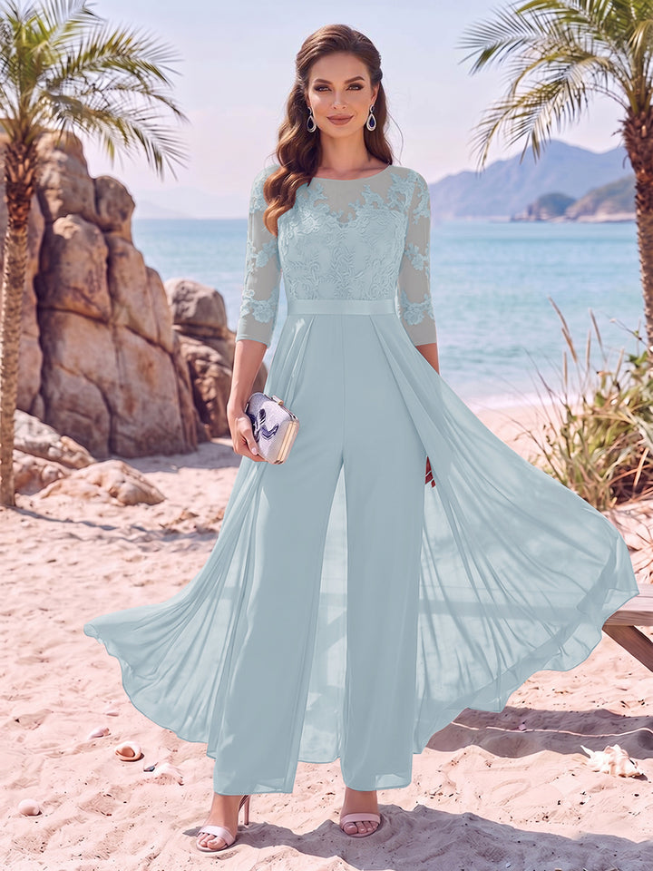 Jumpsuit Scoop Half Sleeves Floor-Length Mother of the Bride Dresses with Applique