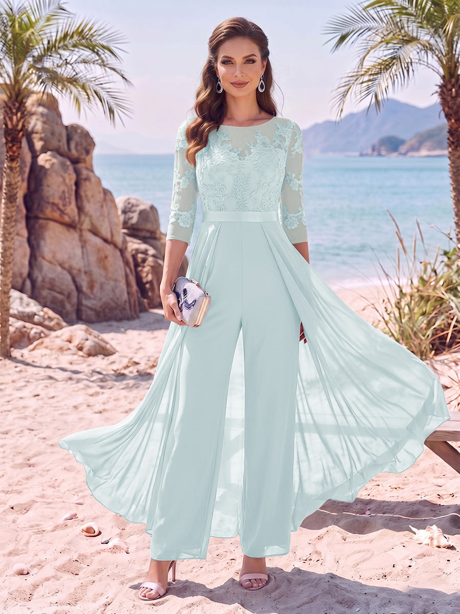 Jumpsuit Scoop Half Sleeves Floor-Length Mother of the Bride Dresses with Applique