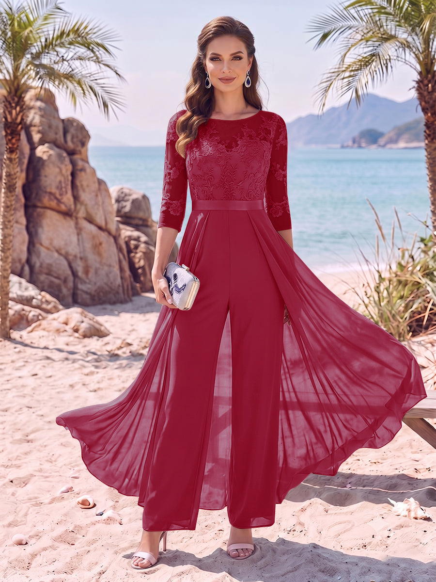 Jumpsuit Scoop Half Sleeves Floor-Length Mother of the Bride Dresses with Applique