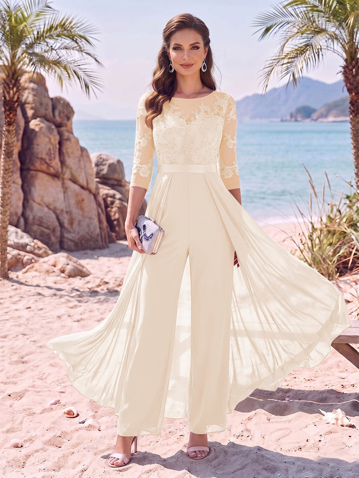 Jumpsuit Scoop Half Sleeves Floor-Length Mother of the Bride Dresses with Applique