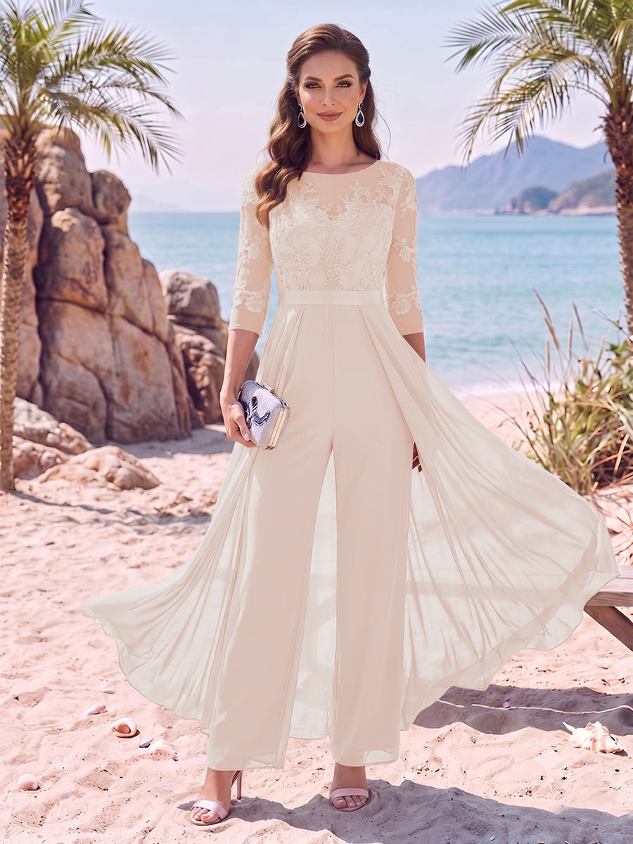 Jumpsuit Scoop Half Sleeves Floor-Length Mother of the Bride Dresses with Applique