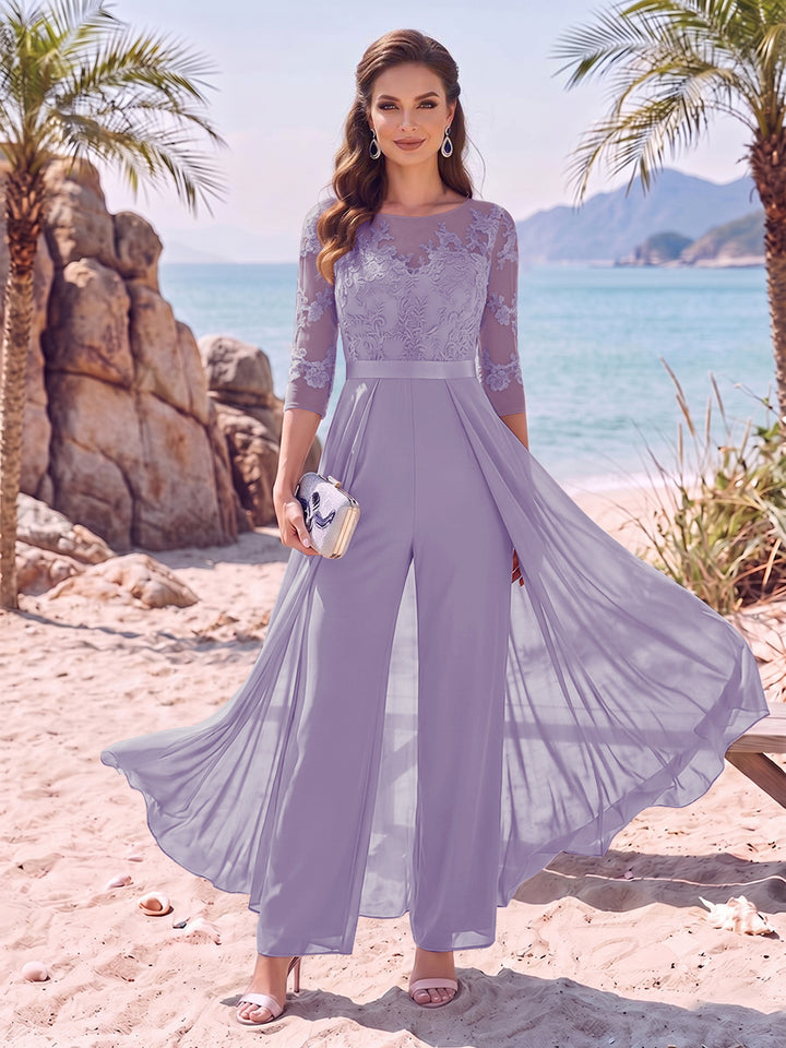 Jumpsuit Scoop Half Sleeves Floor-Length Mother of the Bride Dresses with Applique