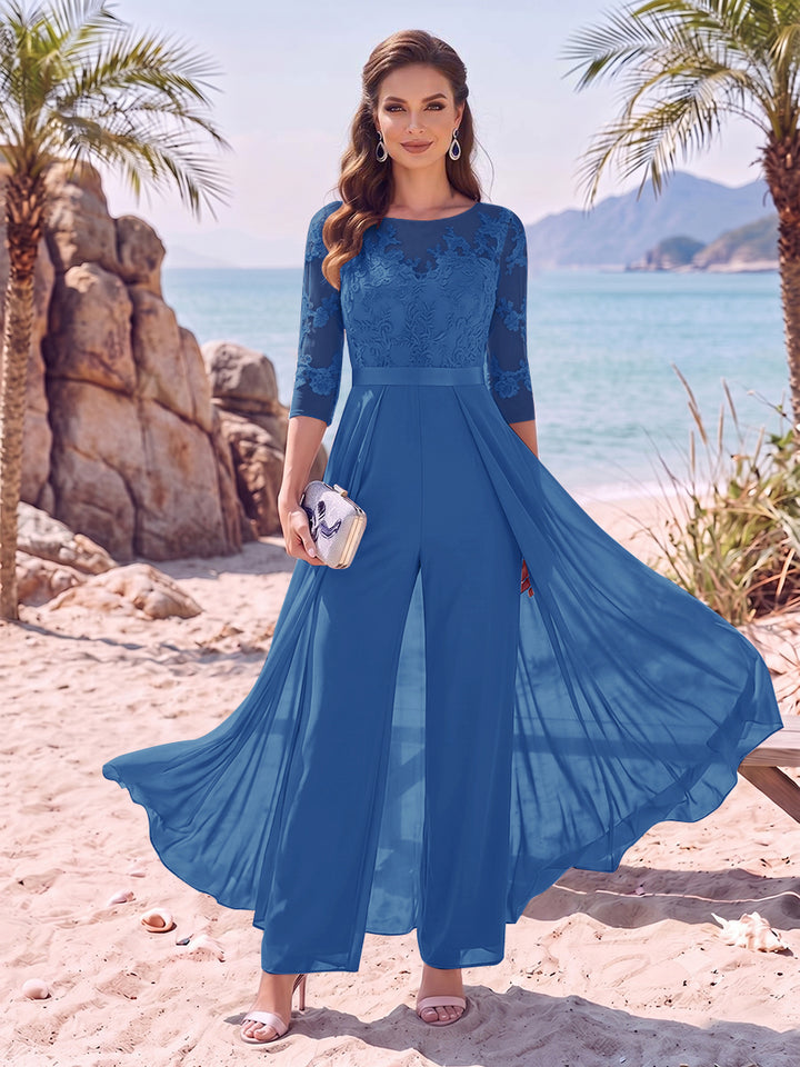 Jumpsuit Scoop Half Sleeves Floor-Length Mother of the Bride Dresses with Applique