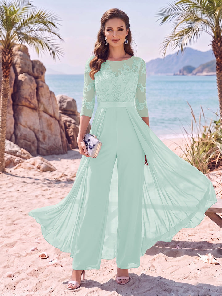 Jumpsuit Scoop Half Sleeves Floor-Length Mother of the Bride Dresses with Applique