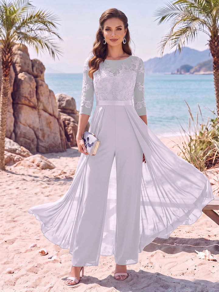 Jumpsuit Scoop Half Sleeves Floor-Length Mother of the Bride Dresses with Applique