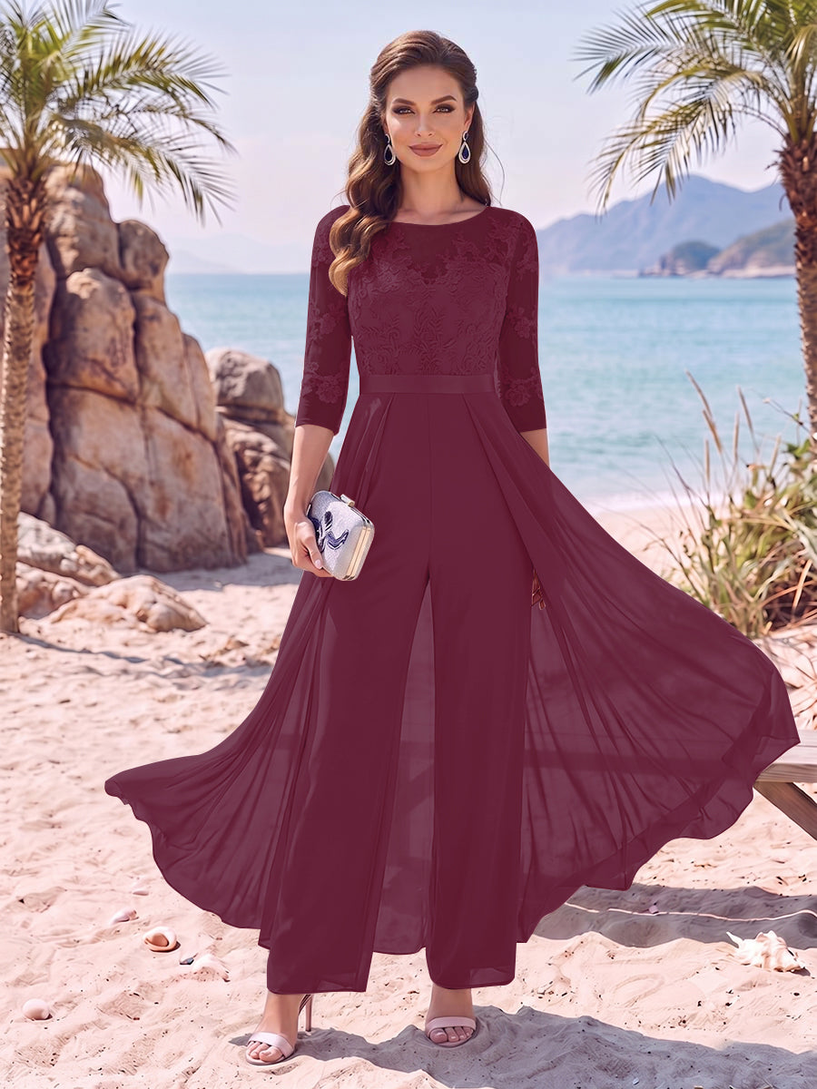 Jumpsuit Scoop Half Sleeves Floor-Length Mother of the Bride Dresses with Applique
