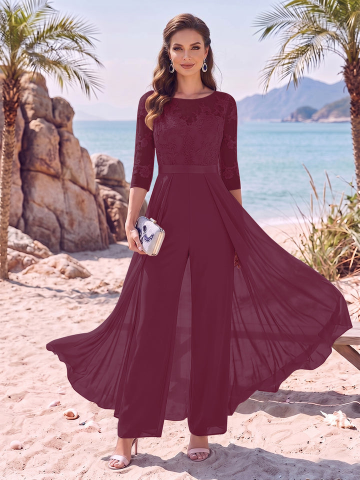 Jumpsuit Scoop Half Sleeves Floor-Length Mother of the Bride Dresses with Applique