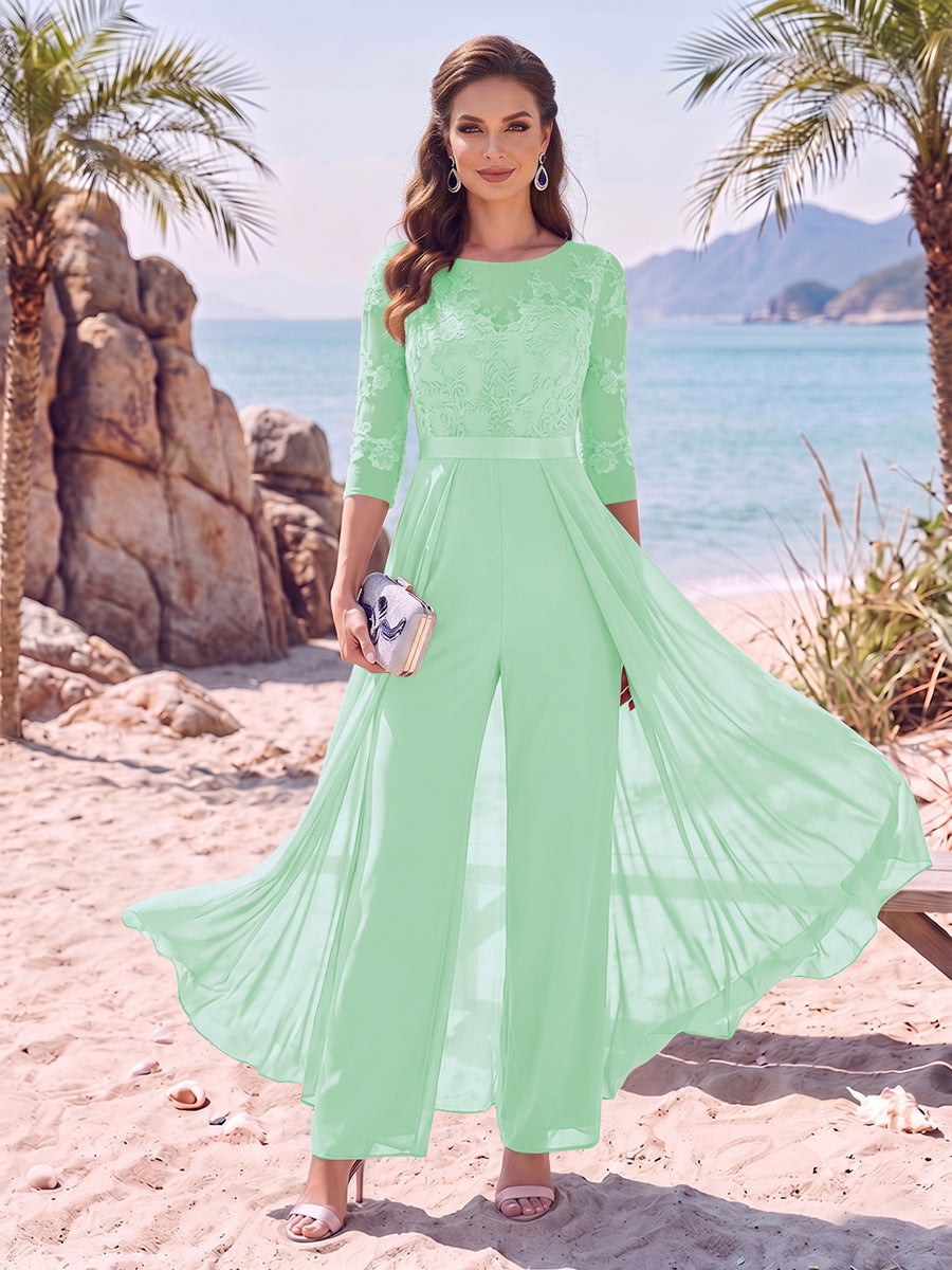 Jumpsuit Scoop Half Sleeves Floor-Length Mother of the Bride Dresses with Applique