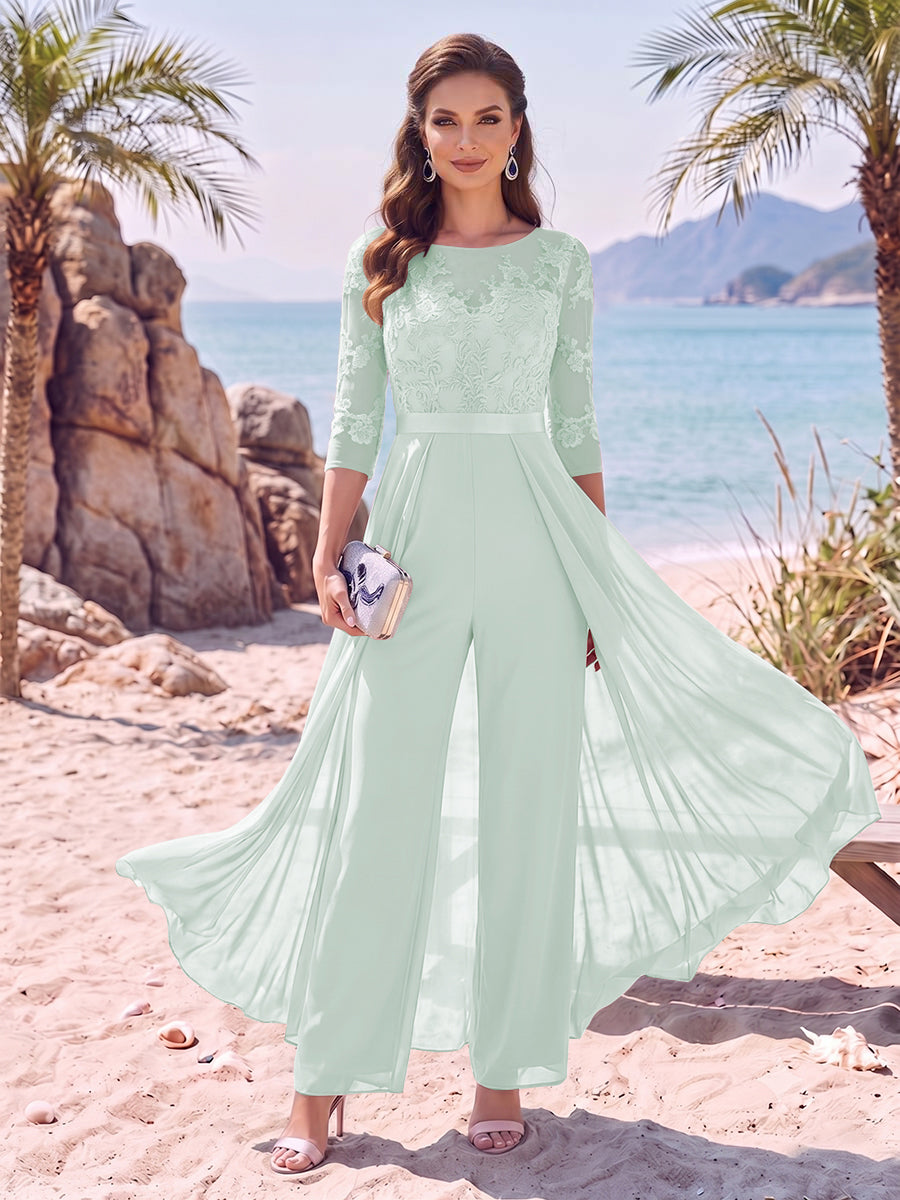Jumpsuit Scoop Half Sleeves Floor-Length Mother of the Bride Dresses with Applique