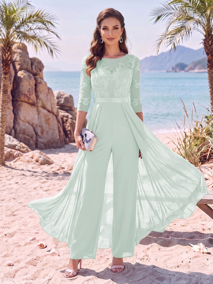 Jumpsuit Scoop Half Sleeves Floor-Length Mother of the Bride Dresses with Applique