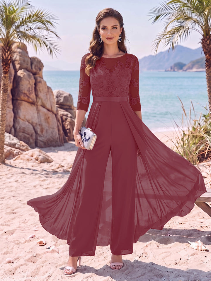 Jumpsuit Scoop Half Sleeves Floor-Length Mother of the Bride Dresses with Applique
