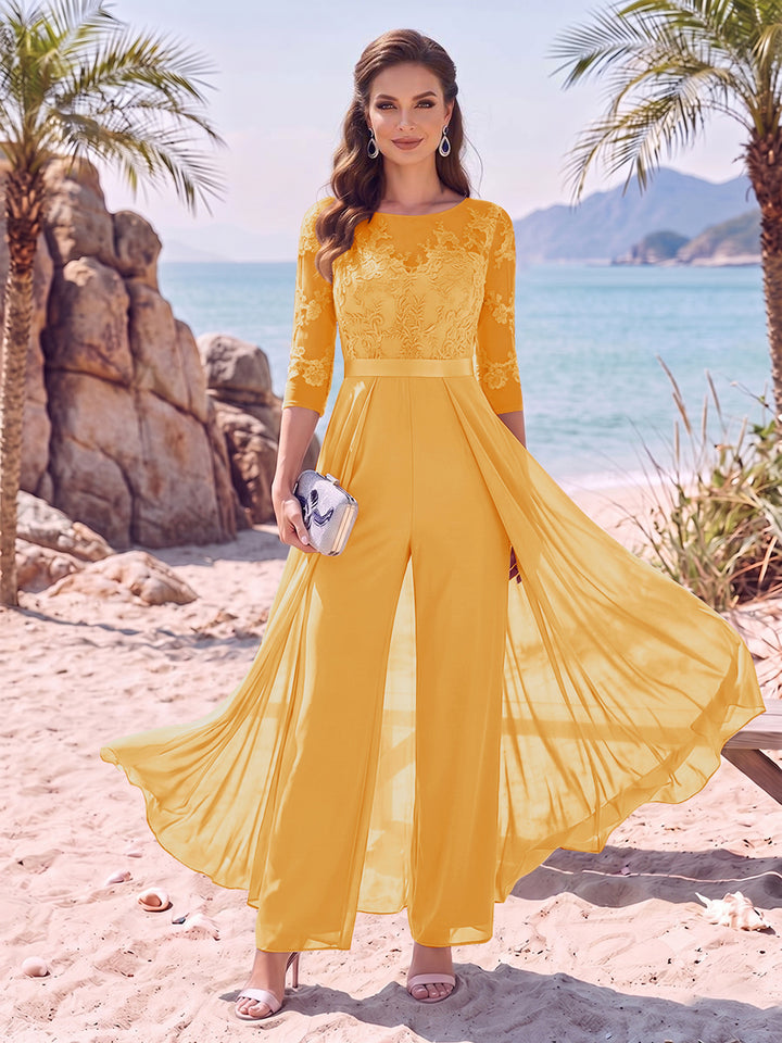 Jumpsuit Scoop Half Sleeves Floor-Length Mother of the Bride Dresses with Applique
