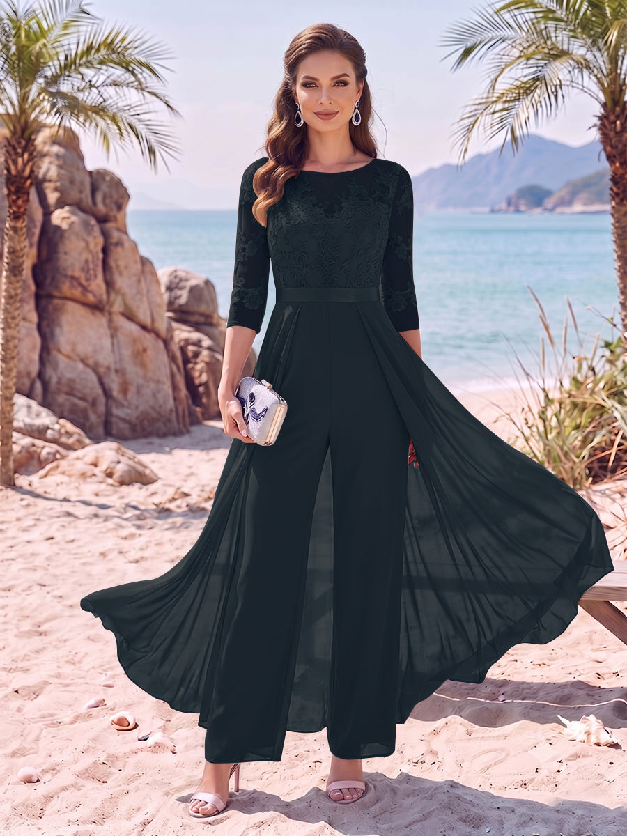 Jumpsuit Scoop Half Sleeves Floor-Length Mother of the Bride Dresses with Applique
