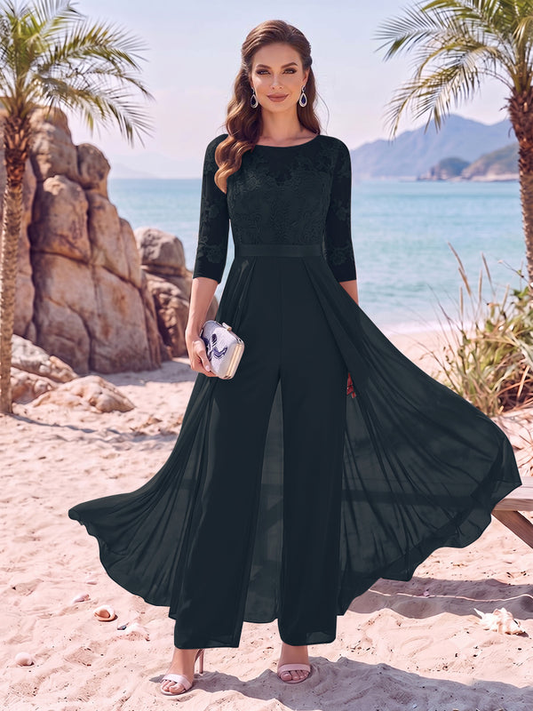 Jumpsuit Scoop Half Sleeves Floor-Length Mother of the Bride Dresses with Applique