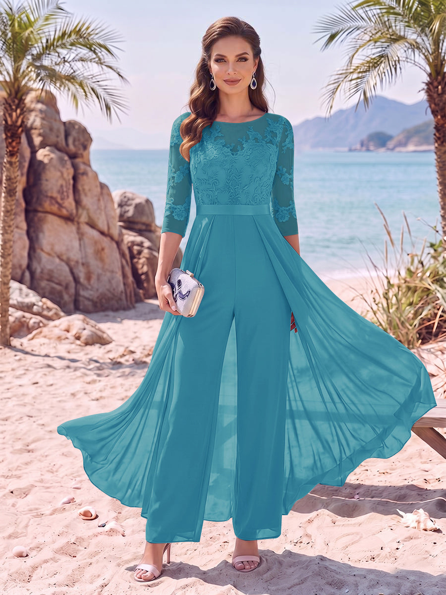 Jumpsuit Scoop Half Sleeves Floor-Length Mother of the Bride Dresses with Applique
