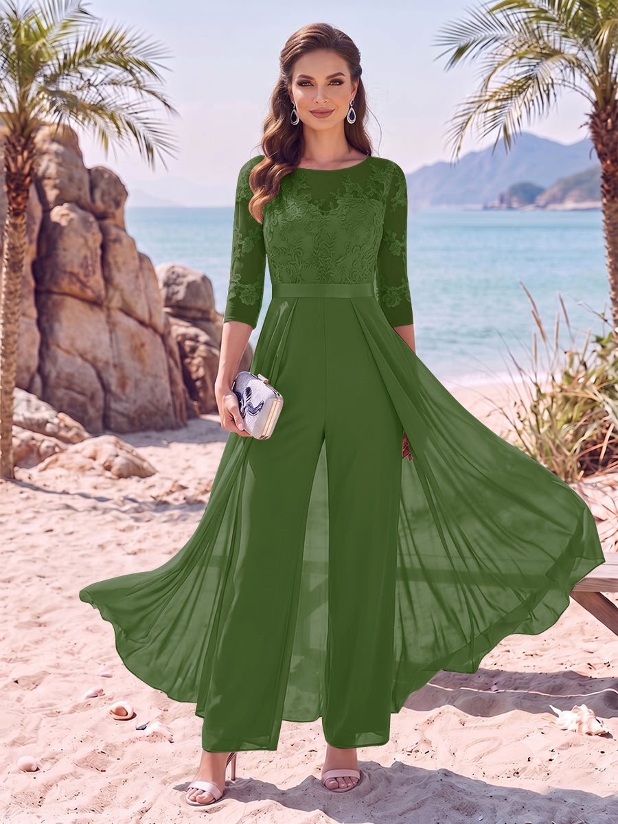 Jumpsuit Scoop Half Sleeves Floor-Length Mother of the Bride Dresses with Applique