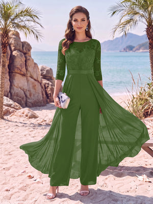 Jumpsuit Scoop Half Sleeves Floor-Length Mother of the Bride Dresses with Applique