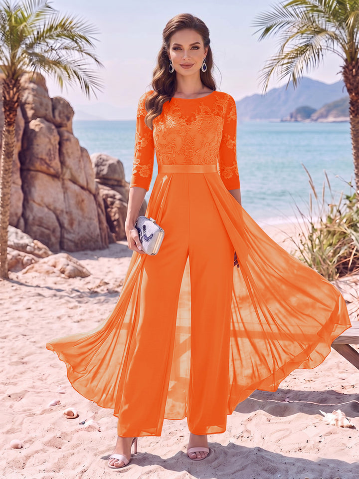 Jumpsuit Scoop Half Sleeves Floor-Length Mother of the Bride Dresses with Applique